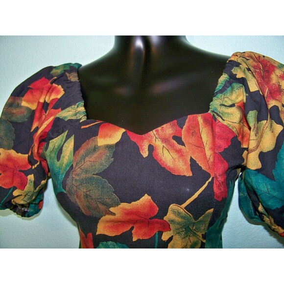 Girls Autumn Leaves Dress Falling Fall Leaf Print Vintage 80s - Picture 5 of 8
